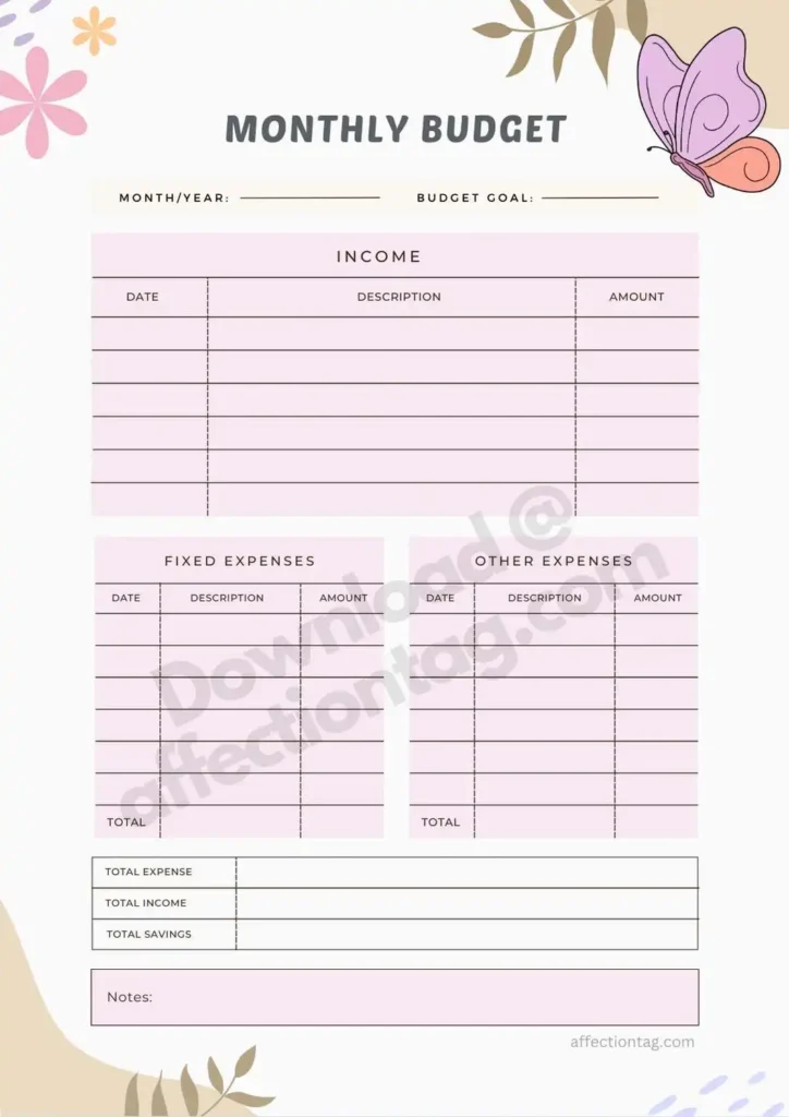 Monthly budget planner pastel