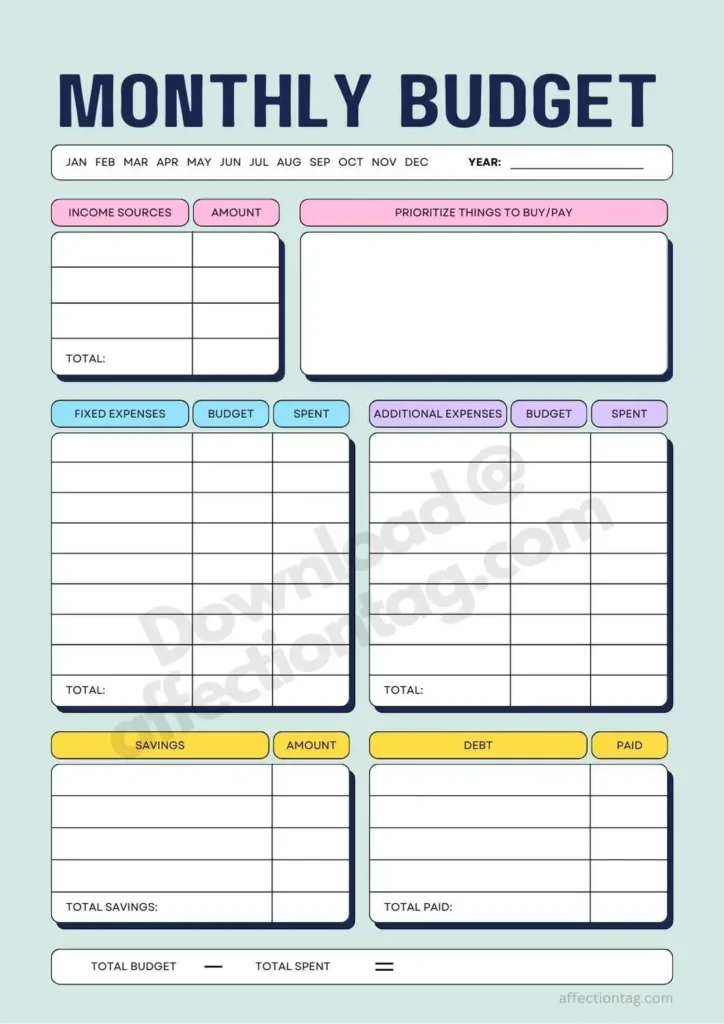 Monthly budget planner simple grid