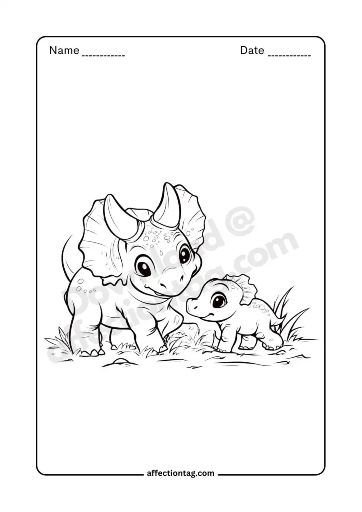 Free Printable Dinosaur Coloring Pages for Kids - Fun & Educational Activities 21 Heartwarming scene of a mother triceratops caring for her baby, great for family-themed dinosaur coloring pages. ©affectiontag.com