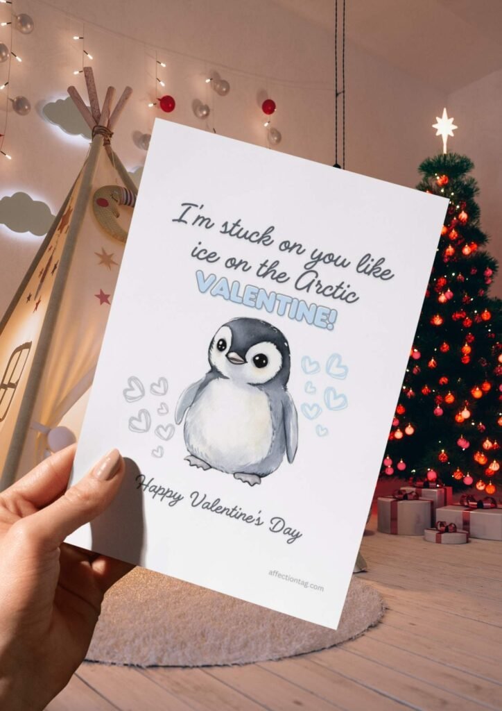 A baby penguin surrounded by blue heart doodles with the text "I'm stuck on you like ice on the Arctic, Valentine! Happy Valentine's Day."