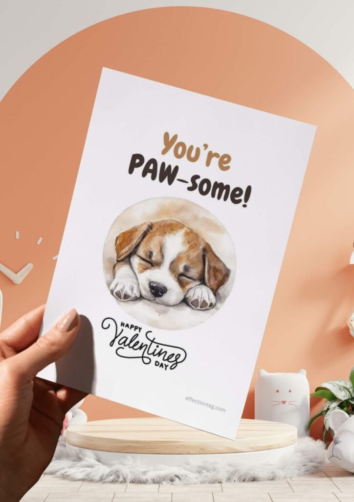  A sleepy puppy illustrated in watercolor with the text "You're PAW-some! Happy Valentine's Day."