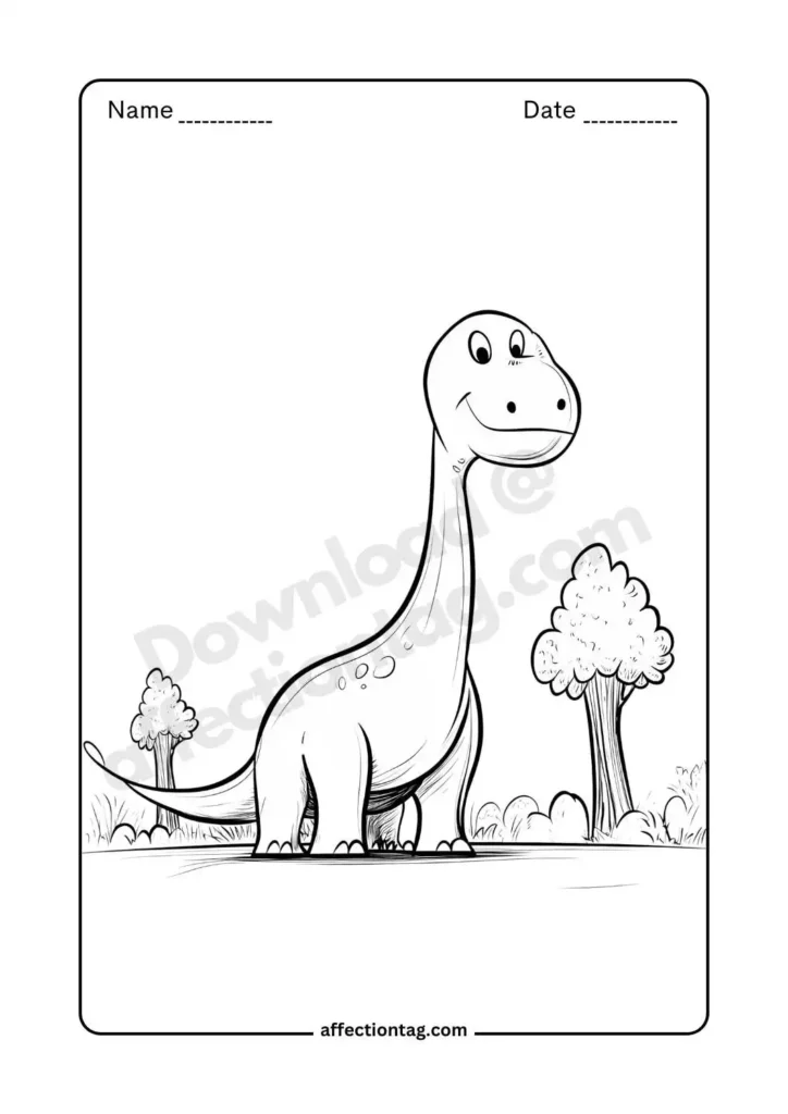 Free Printable Dinosaur Coloring Pages for Kids - Fun & Educational Activities 18 Happy brontosaurus standing among trees, ideal for dinosaur lovers and fun coloring activities. ©affectiontag.com