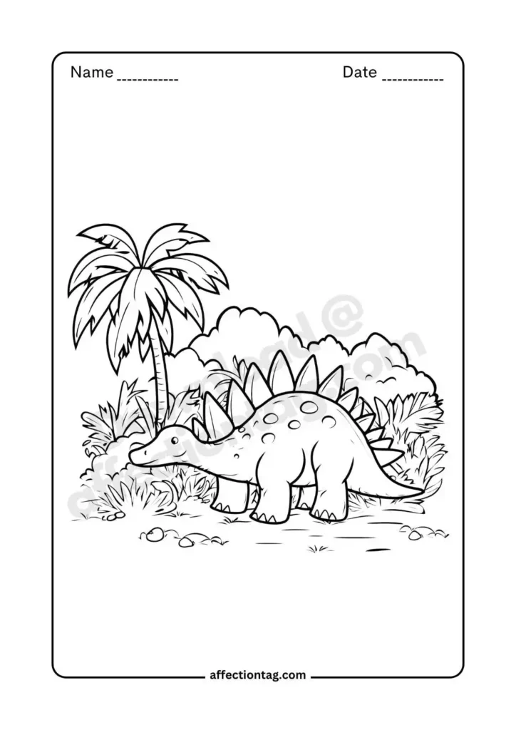 Free Printable Dinosaur Coloring Pages for Kids - Fun & Educational Activities 16 A majestic stegosaurus exploring a lush jungle, an engaging dinosaur coloring page for kids. ©affectiontag.com