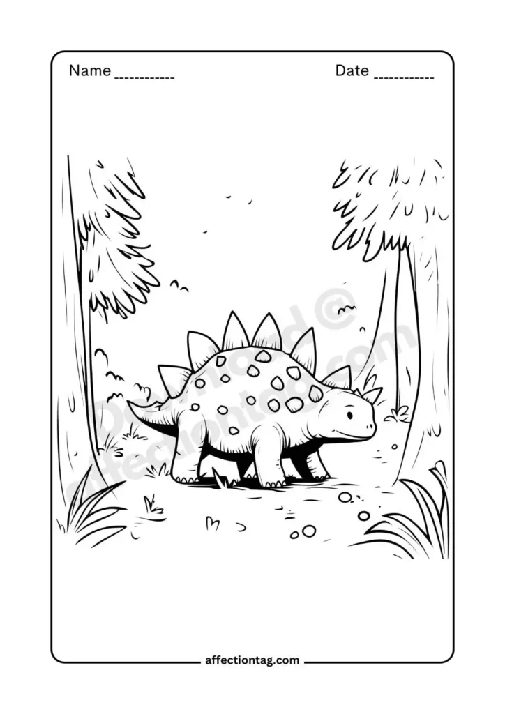 Free Printable Dinosaur Coloring Pages for Kids - Fun & Educational Activities 15 Stegosaurus strolling through a dense forest with tall trees - dinosaur coloring pages ©affectiontag.com