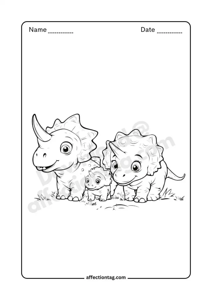 A happy triceratops family with a baby dinosaur in the middle - dinosaur coloring pages ©affectiontag.com