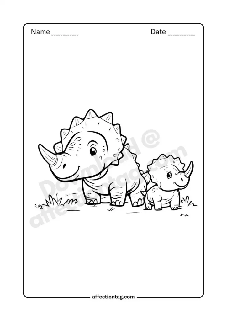 Free Printable Dinosaur Coloring Pages for Kids - Fun & Educational Activities 12 Heartwarming scene of a mother triceratops caring for her baby, great for family-themed dinosaur coloring pages. ©affectiontag.com