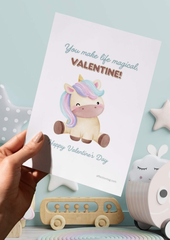 A cute pastel-colored unicorn with the text "You make life magical, Valentine! Happy Valentine's Day."