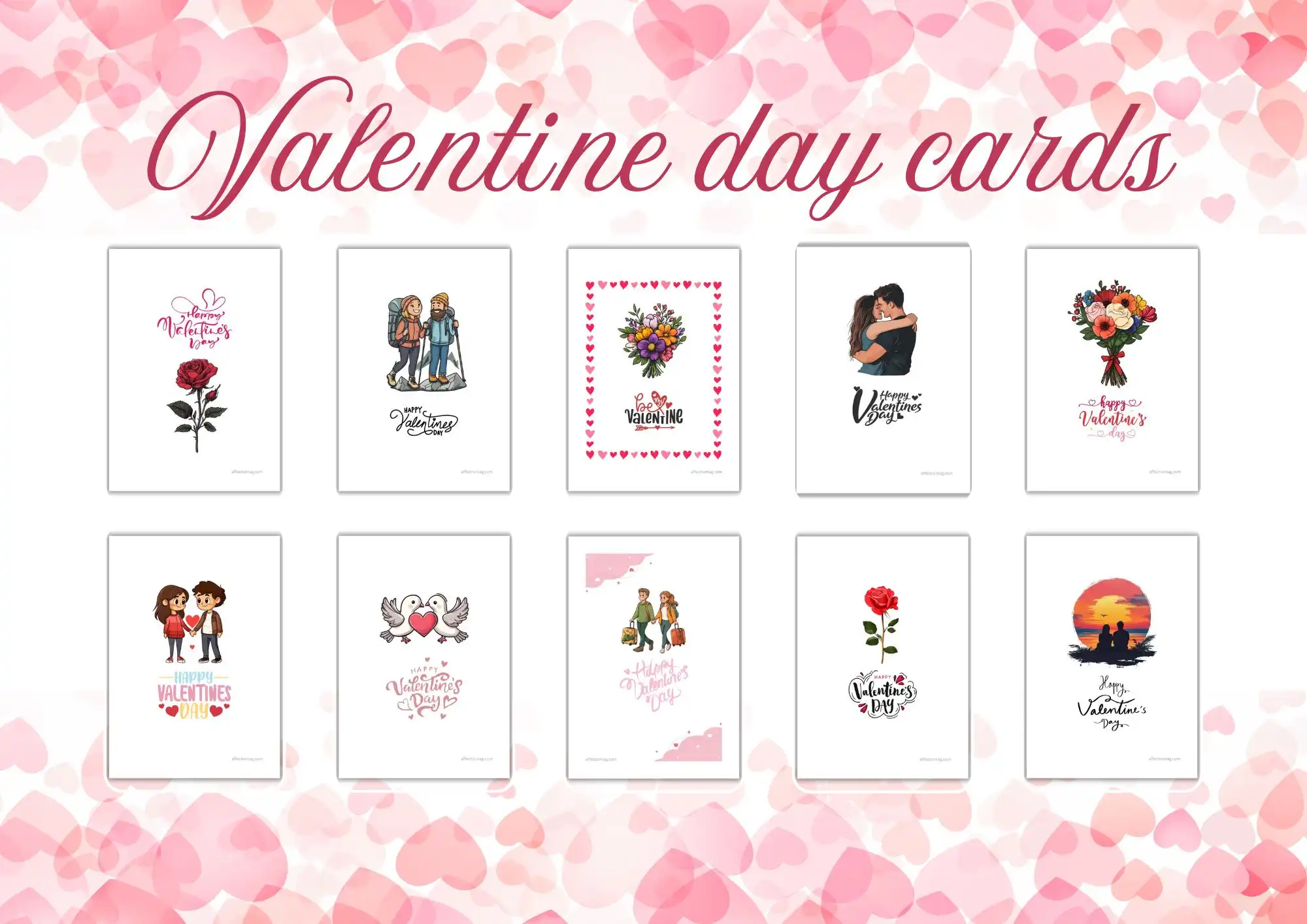 Valentine's Day Cards Collection - A visually appealing assortment of romantic Valentine's Day cards featuring floral designs, cute cartoon couples, and heartfelt messages, perfect for expressing love and affection. ©affectiontag.com