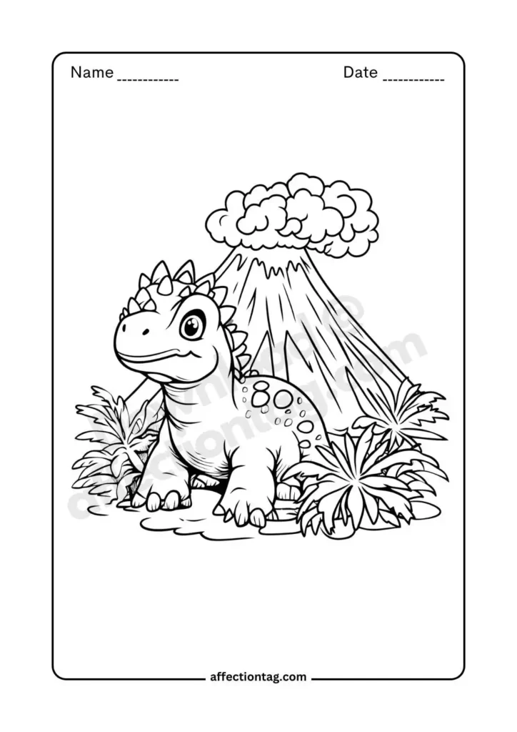 Cute dinosaur in front of a volcano with smoke in the background - dinosaur coloring pages ©affectiontag.com