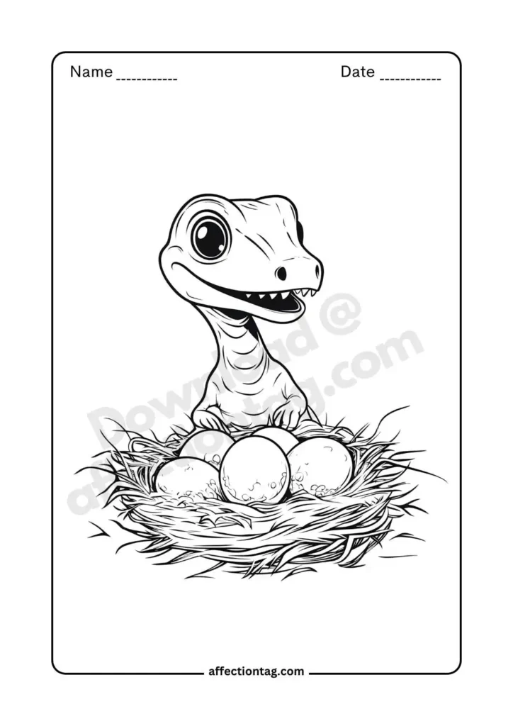 Free Printable Dinosaur Coloring Pages for Kids - Fun & Educational Activities 7 A fierce yet cute baby T-Rex dinosaur hatching from its egg, making an exciting prehistoric coloring page. ©affectiontag.com