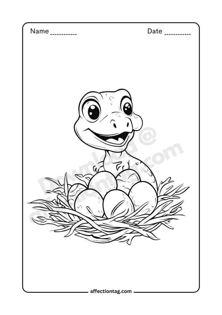 Free Printable Dinosaur Coloring Pages for Kids - Fun & Educational Activities 6 A baby dinosaur surrounded by eggs in a cozy nest, offering a delightful coloring experience. ©affectiontag.com
