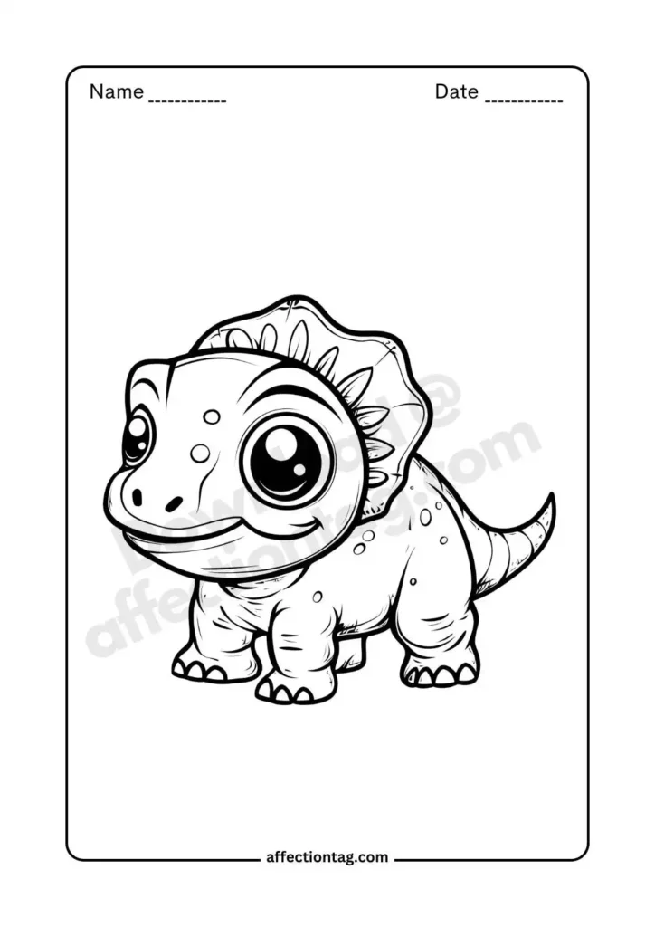 A cute baby Triceratops dinosaur with big eyes and a friendly smile, perfect for kids to color. ©affectiontag.com