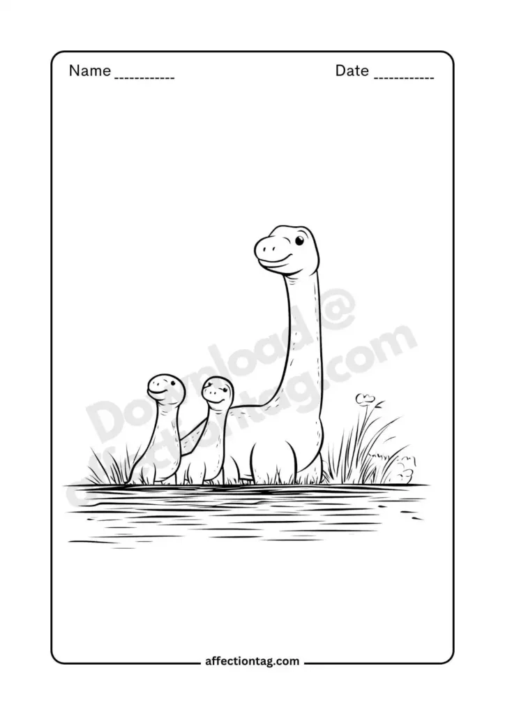 Free Printable Dinosaur Coloring Pages for Kids - Fun & Educational Activities 30 A heartwarming dinosaur family enjoying a peaceful time near a pond. Perfect for kids who love prehistoric creatures. 🦕🖍️ Dinosaur coloring pages ©affectiontag.com