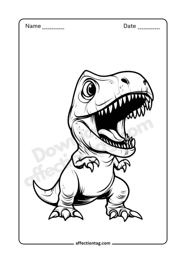 Free Printable Dinosaur Coloring Pages for Kids - Fun & Educational Activities 20 A fierce T-Rex with an open mouth ready to roar, an exciting addition to dinosaur coloring pages for adventurous kids. ©affectiontag.com