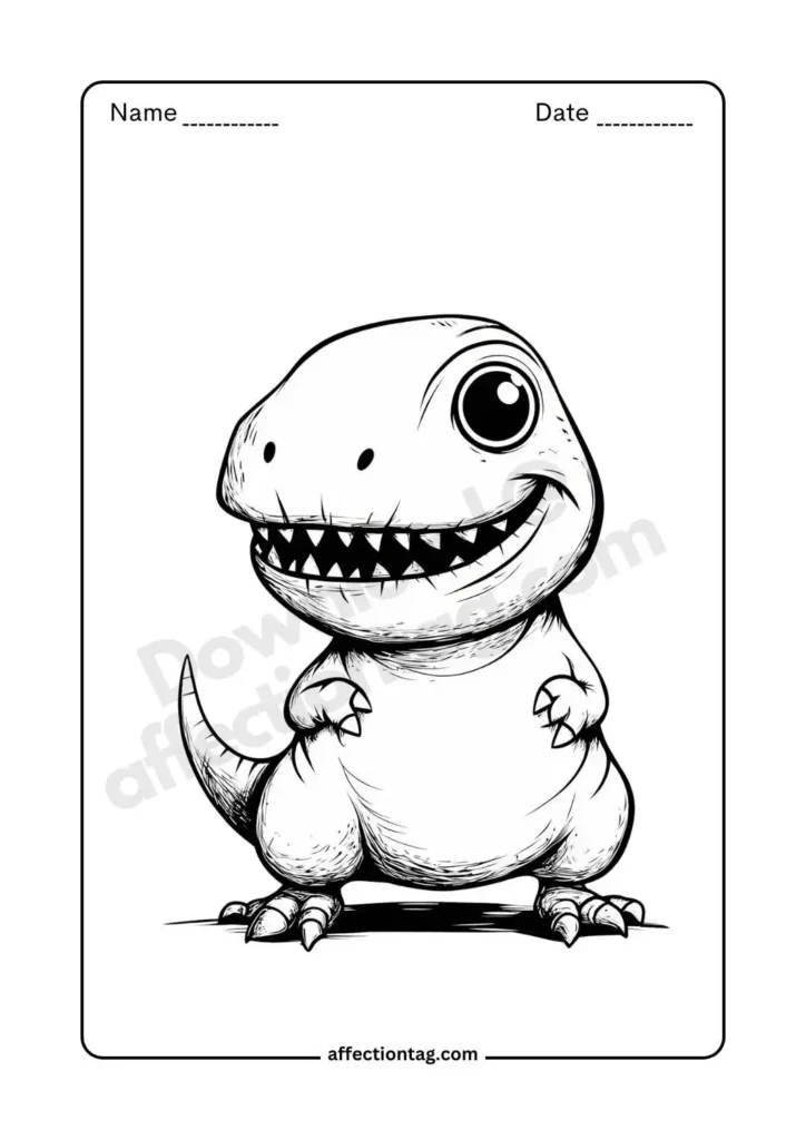 Free Printable Dinosaur Coloring Pages for Kids - Fun & Educational Activities 19 Adorable baby T-Rex with a cheerful expression, perfect for kids who love dinosaur coloring pages. ©affectiontag.com
