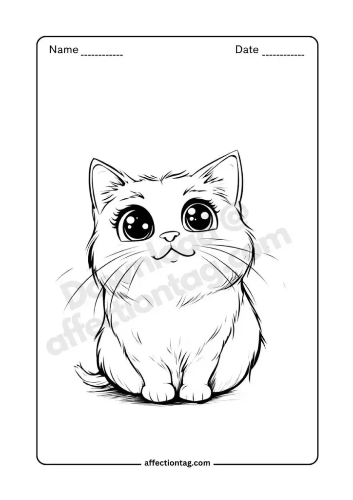 A chubby, happy kitten sitting with a cheerful expression, ideal for free coloring pages of cat. ©affectiontag.com