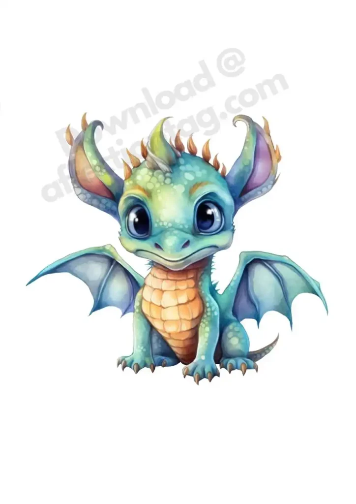 Free Dragon Cliparts – Free Printable Fantasy-Themed Dragons for KidsFree Dragon Clipart's 16 A cute, aqua-colored baby dragon with wings and big, glowing eyes, sitting happily. Free Dragon Clipart's ©affectiontag.com