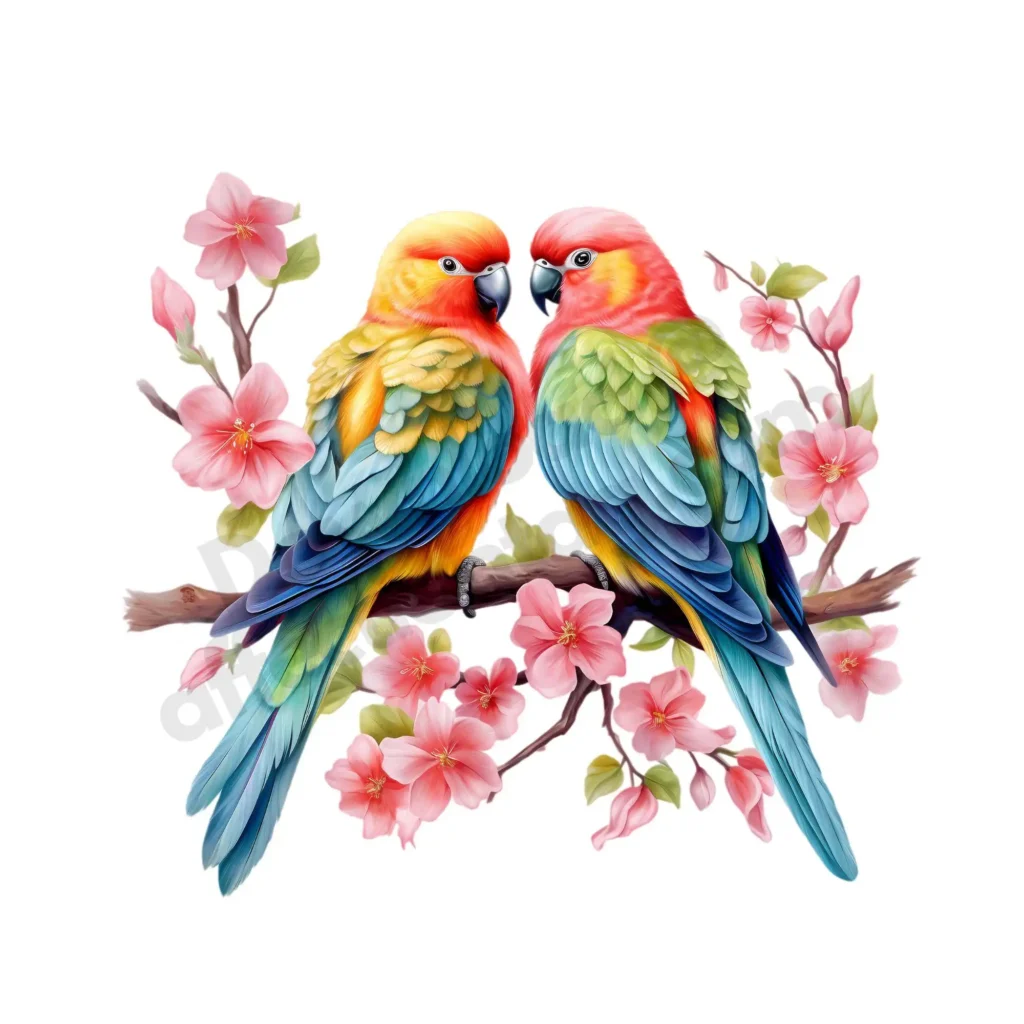 Birds Clipart: Free High-Quality Images for Download 18 Free Birds clipart featuring two colorful parrots perched on a cherry blossom tree, symbolizing love and harmony. ©affectiontag.com