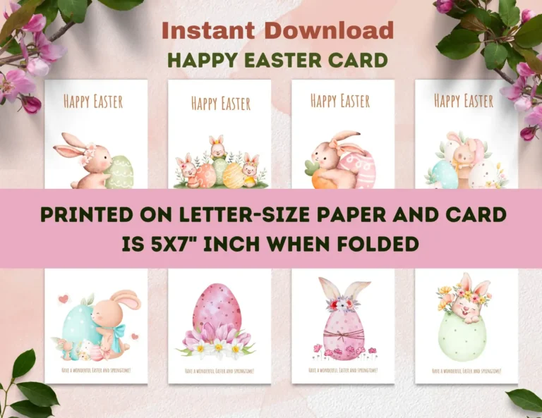 Instant download Easter greeting card set featuring beautifully designed printable Easter cards with pastel-colored bunny and egg illustrations. Printed on letter-size paper, each folded card measures 5x7 inches. Perfect for sending Easter wishes. affectiontag.com©