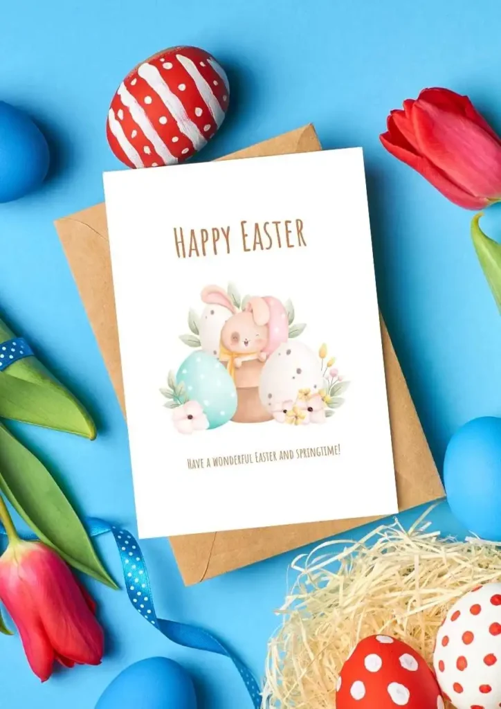 Free Foldable Printable Easter Greeting Cards (2025) – Cute & Easy-to-Print Designs 6 A cheerful Easter greeting card featuring a happy bunny sitting among pastel-colored Easter eggs with floral accents, bringing festive charm. affectiontag.com©