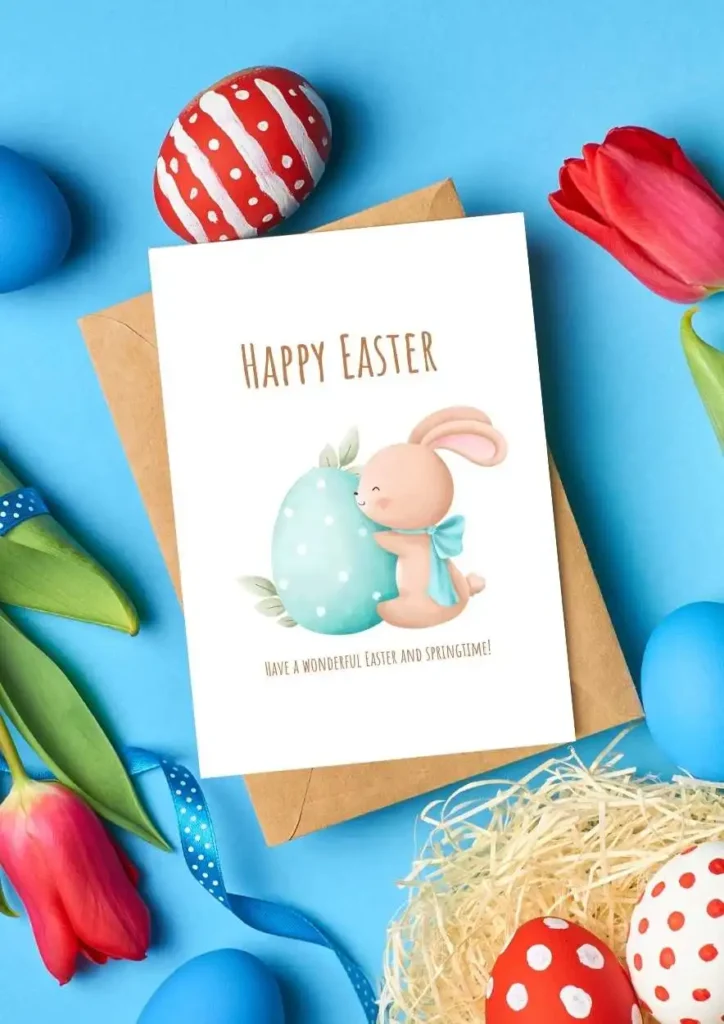 Free Foldable Printable Easter Greeting Cards (2025) – Cute & Easy-to-Print Designs 10 A sweet Easter greeting card showing an adorable bunny embracing a large blue polka-dotted Easter egg, surrounded by little heart decorations. affectiontag.com©