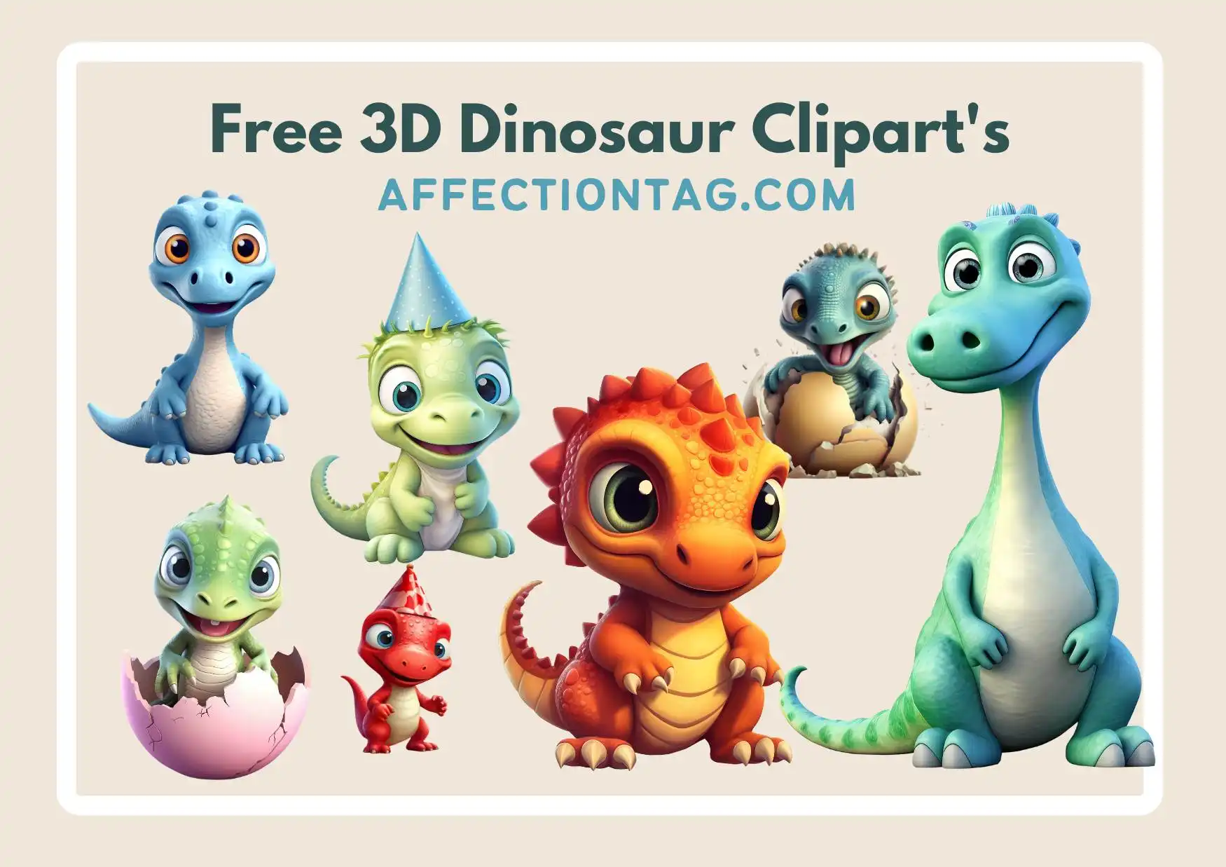 A collection of adorable and colorful 3D dinosaur cliparts, including baby dinosaurs hatching from eggs, smiling dinosaurs with party hats, and playful cartoon-style dinosaurs in various colors and poses. Perfect for kids, educational projects, and creative designs. Free 3D Dinosaur Clipart's ©affectiontag.com