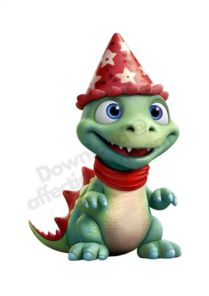 Baby Dinosaurs Clipart – Free PNG Downloads for Cards, Crafts, & Classroom Fun 7 A playful green dinosaur wearing a red party hat, full of excitement. Free 3D Dinosaur Clipart's ©affectiontag.com