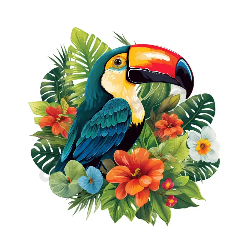 Birds Clipart: Free High-Quality Images for Download 13 Free Birds clipart featuring a fiery-billed jungle toucan surrounded by tropical leaves and orange blossoms. ©affectiontag.com