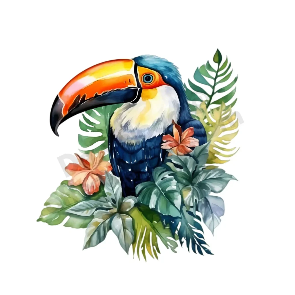 Birds Clipart: Free High-Quality Images for Download 11 A vibrant toucan with a large orange beak perched among lush tropical leaves and flowers. Free Birds clipart. ©affectiontag.com