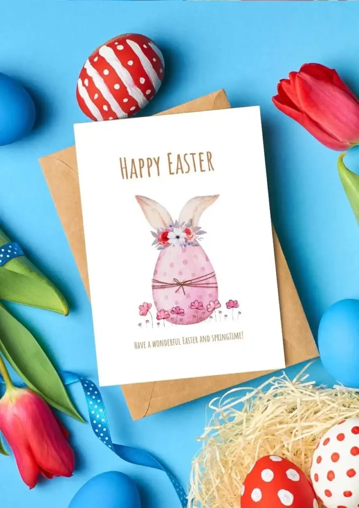 Free Foldable Printable Easter Greeting Cards (2025) – Cute & Easy-to-Print Designs 4 A beautifully illustrated Easter greeting card featuring a pink speckled egg with bunny ears, adorned with a floral crown. Perfect for sending warm Easter wishes. affectiontag.com©