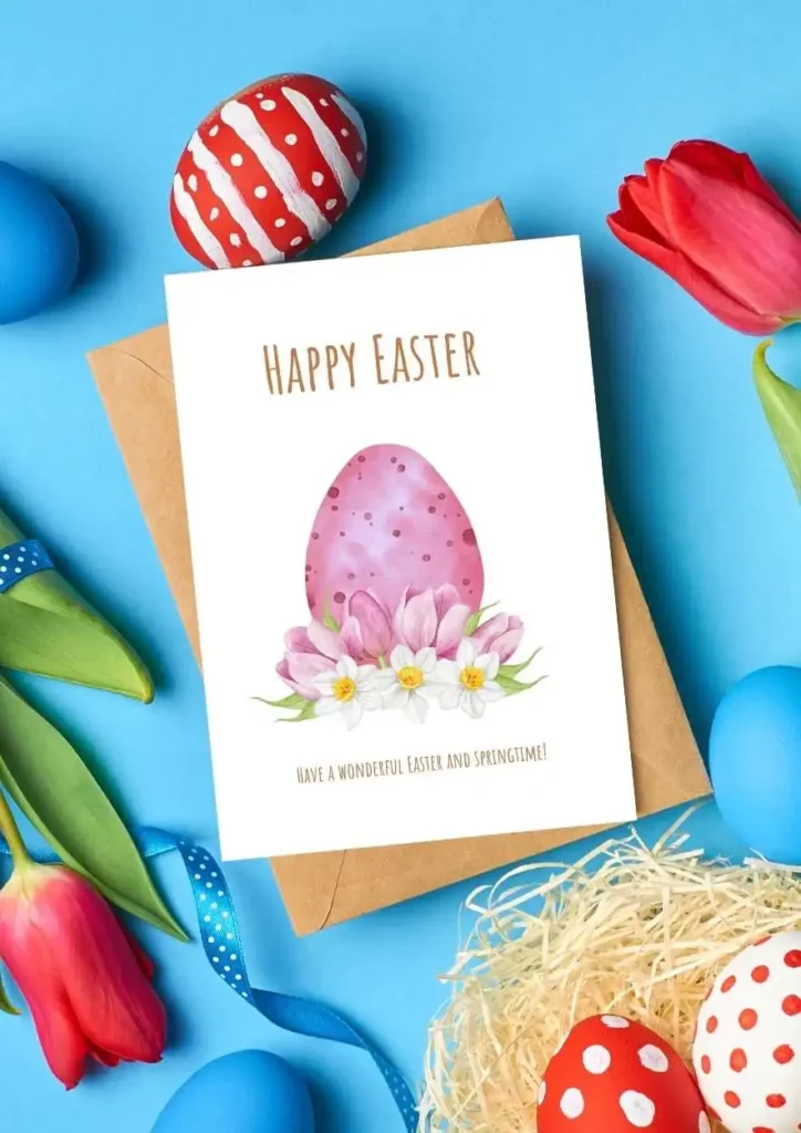Free Foldable Printable Easter Greeting Cards (2025) – Cute & Easy-to-Print Designs 3 A cute Easter greeting card with a smiling bunny peeking out of a green polka-dotted egg, decorated with yellow flowers. Ideal for Easter celebrations. affectiontag.com©