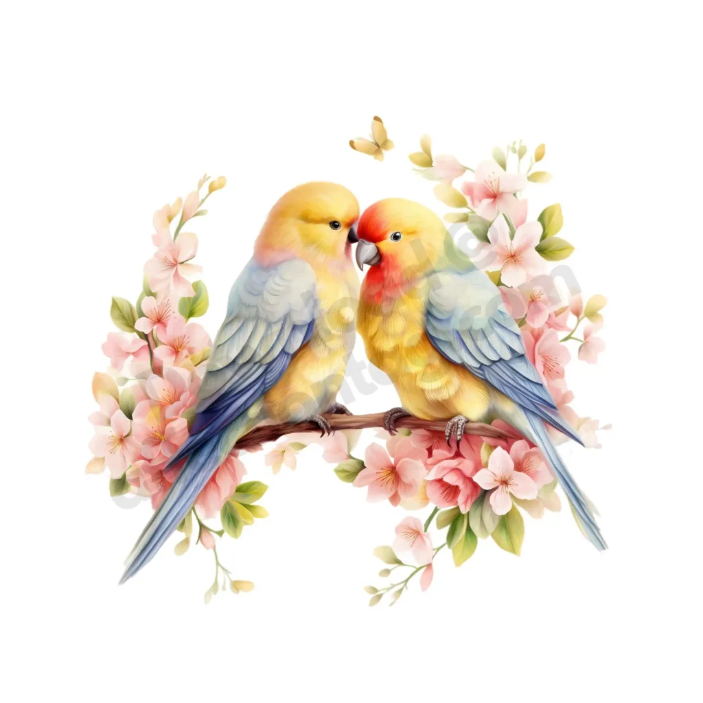 Birds Clipart: Free High-Quality Images for Download 9 Two colorful lovebirds perched on a cherry blossom branch, symbolizing love and nature. Free birds clipart. ©affectiontag.com