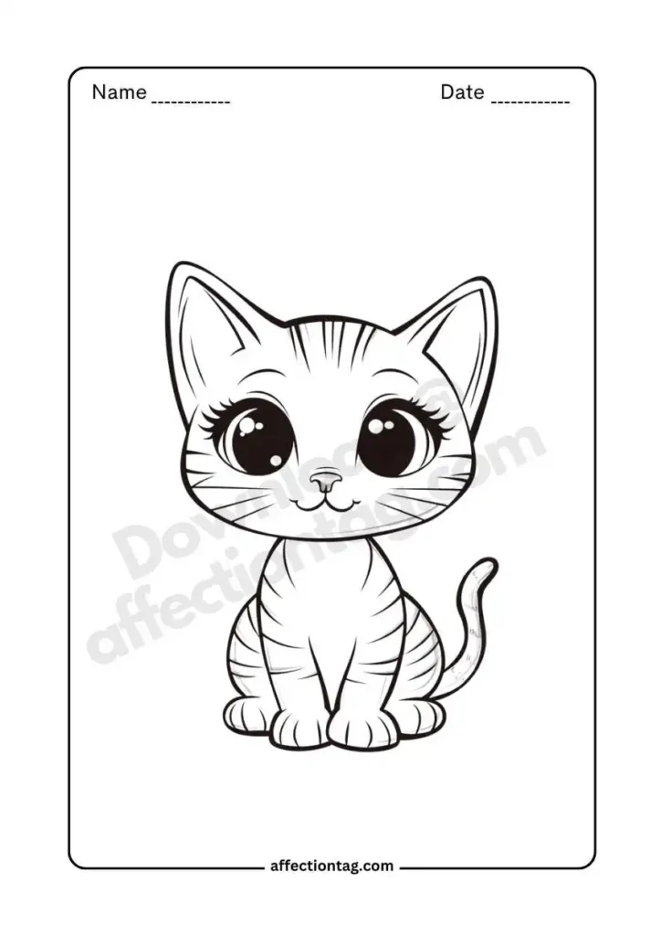 A kitten with cute stripes and big eyes, ready for coloring, part of free coloring pages of cat. ©affectiontag.com