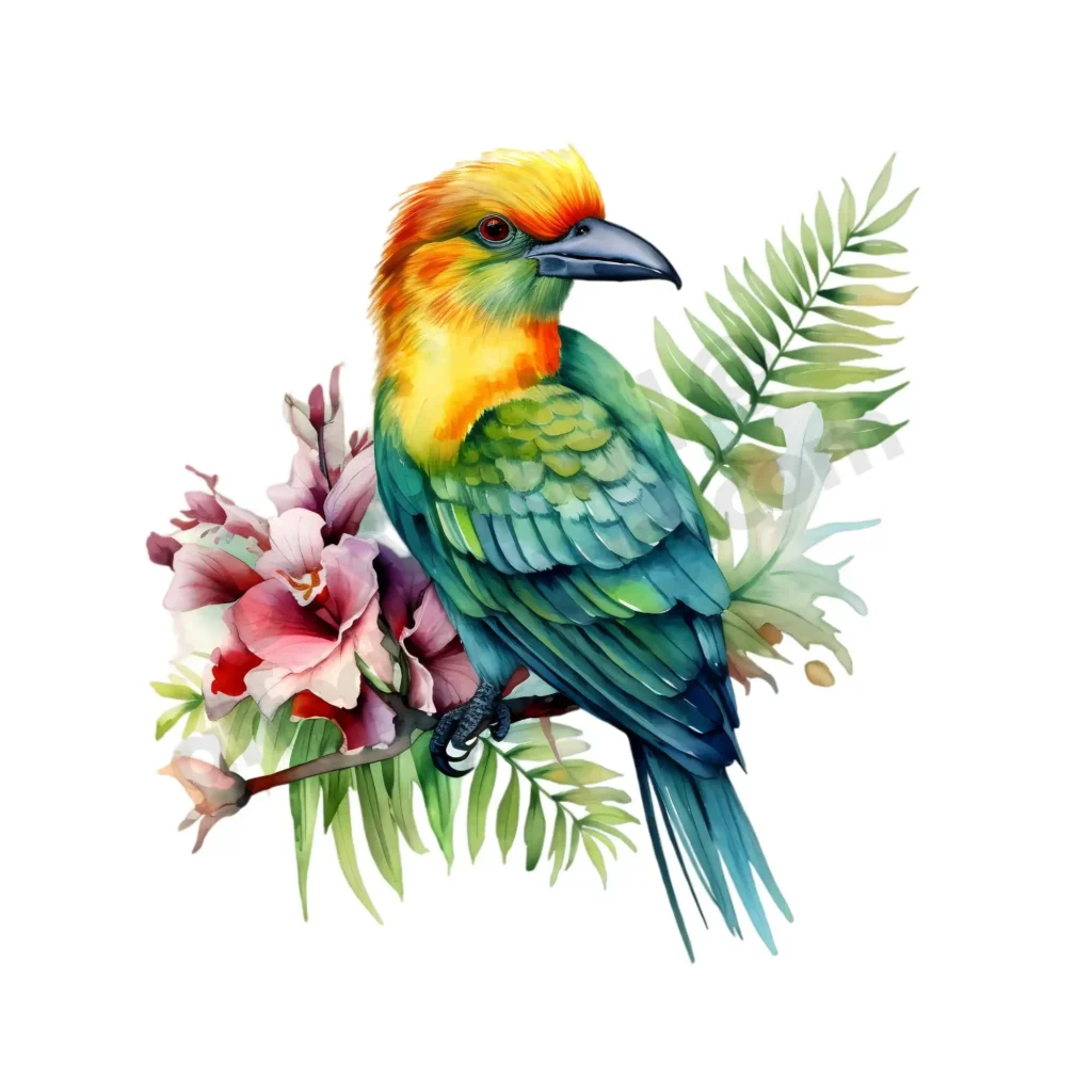 Birds Clipart: Free High-Quality Images for Download 6 A green and golden exotic songbird sitting on a tropical flower branch. Free birds clipart. ©affectiontag.com