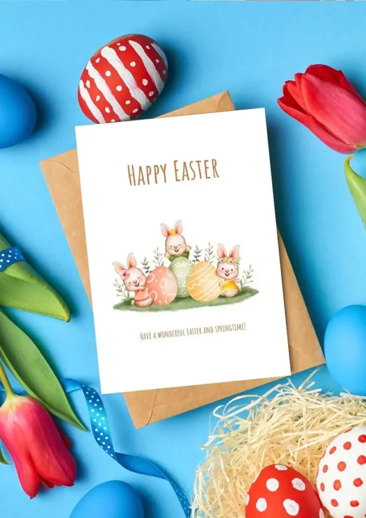 Free Foldable Printable Easter Greeting Cards (2025) – Cute & Easy-to-Print Designs 2 A joyful Easter greeting card displaying three smiling bunnies with vibrantly decorated Easter eggs in green, yellow, and orange, perfect for Easter greetings. affectiontag.com©