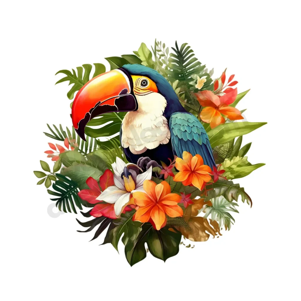 Birds Clipart: Free High-Quality Images for Download 5 A detailed toucan with a bold beak sitting amidst tropical greenery and blooming flowers. Free Birds clipart. ©affectiontag.com