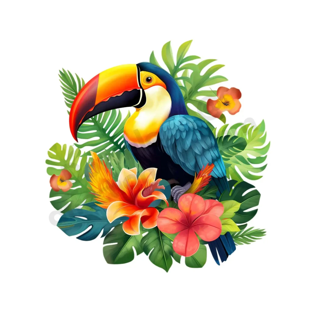 Birds Clipart: Free High-Quality Images for Download 2 Free Birds clipart featuring a stunning Amazon parrot with vibrant green and red feathers, surrounded by lush tropical leaves and flowers. ©affectiontag.com