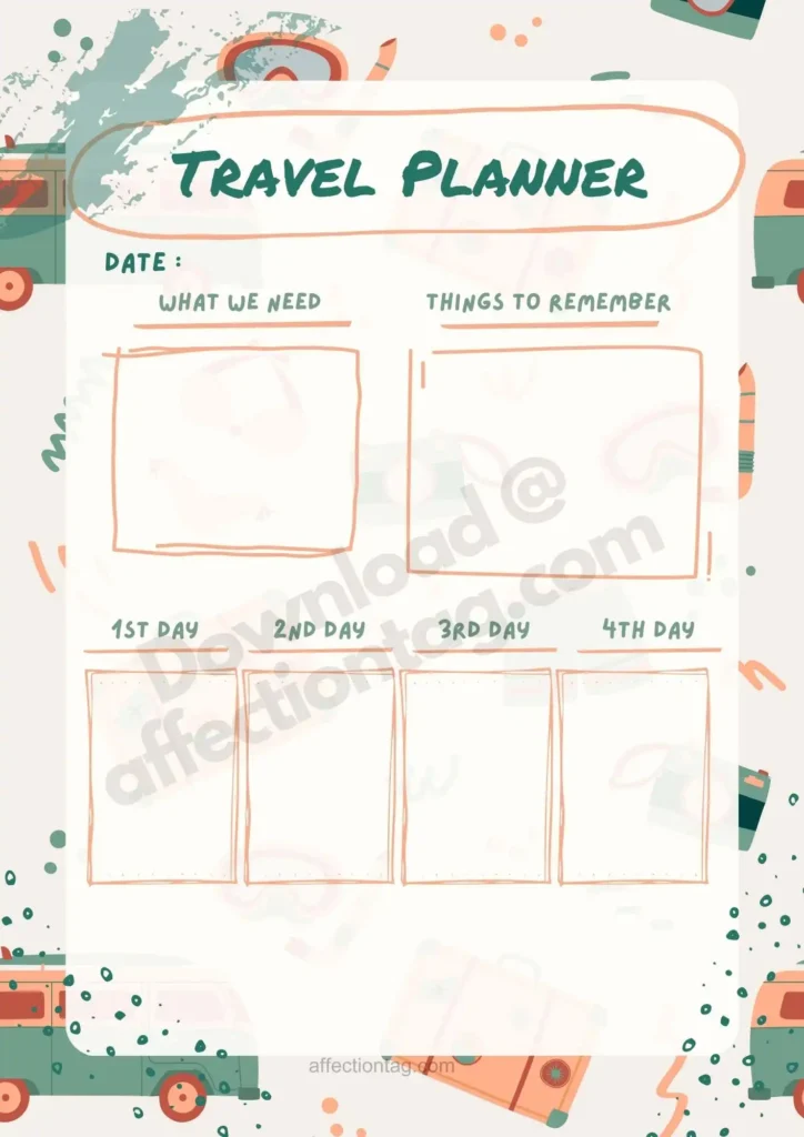 Travel Itinerary Planner: Free Printable Templates for Every Trip 2 A creative and playful travel planner digital free download with travel icons, space for notes, and important reminders. © affectiontag.com