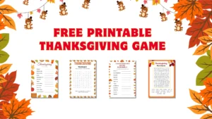 Free Printable Thanksgiving Word Search & Word Scramble (PDFs for Kids) 8 Free printable Thanksgiving game bundle with colorful fall-themed borders, featuring four activity sheets including word scrambles and word searches surrounded by autumn leaves and cute Thanksgiving teddy illustrations.