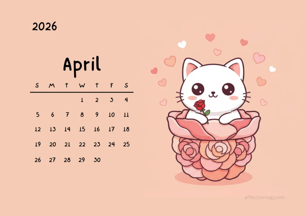Free Printable 2026 Cat Calendar – Cute Kawaii Cats in Flower Pots 5 White kitten holding a small rose while sitting inside a rose-petal pot, heart accents around, April 2026 calendar.