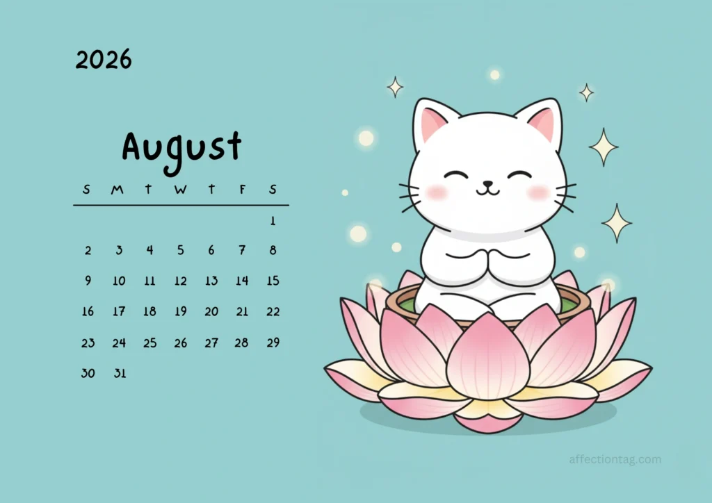 Free Printable 2026 Cat Calendar – Cute Kawaii Cats in Flower Pots 9 White kitten meditating while sitting on a large pink lotus flower, August 2026 calendar design.