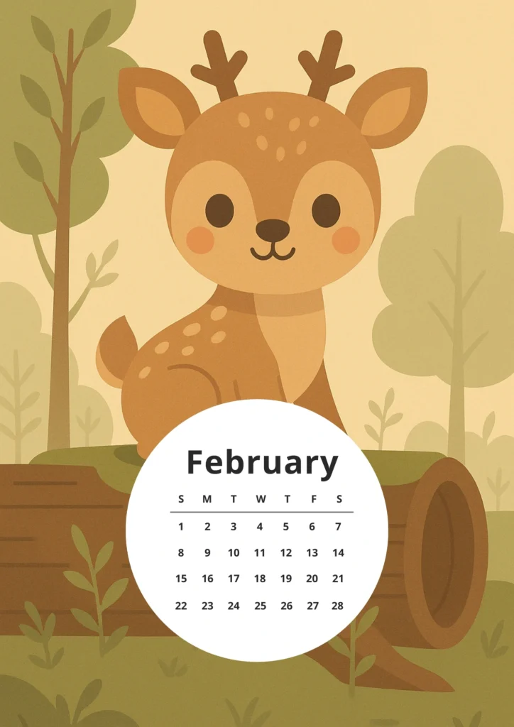 Free Printable 2026 Woodland Animals Calendar for Kids & Nature Lovers 3 baby deer february calendar