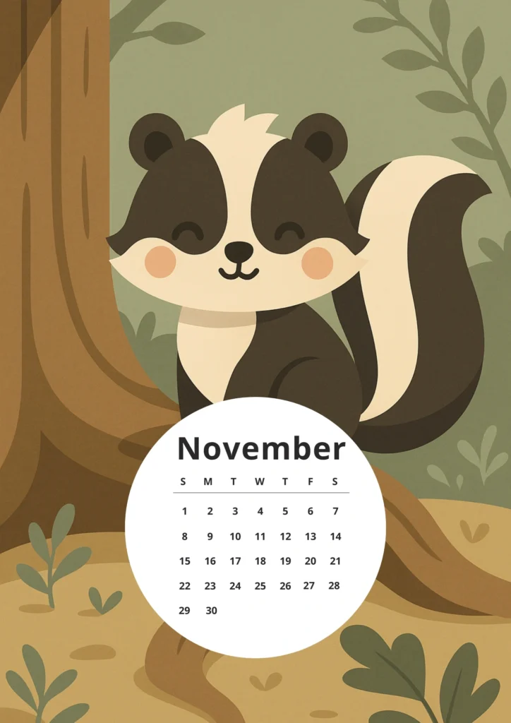 Free Printable 2026 Woodland Animals Calendar for Kids & Nature Lovers 12 baby skunk november calendar