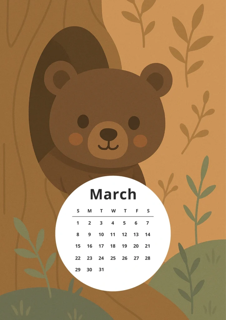 Free Printable 2026 Woodland Animals Calendar for Kids & Nature Lovers 4 bear march calendar