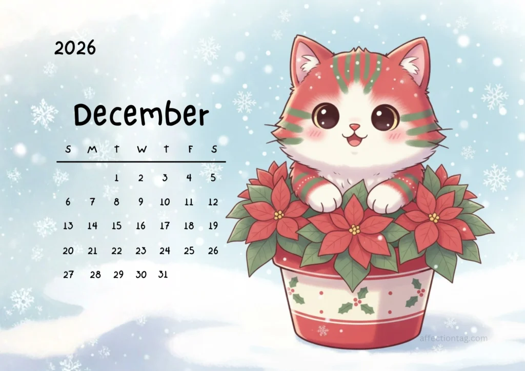 Free Printable 2026 Cat Calendar – Cute Kawaii Cats in Flower Pots 13 Cute red-and-green striped kitten in a poinsettia pot with falling snowflakes, December 2026 winter calendar illustration.