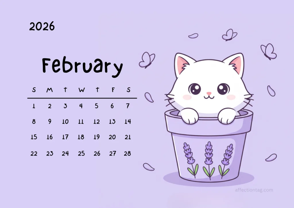 Free Printable 2026 Cat Calendar – Cute Kawaii Cats in Flower Pots 3 White kitten inside a lavender-themed flower pot with butterflies around, February 2026 calendar illustration.