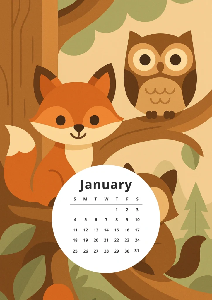 Free Printable 2026 Woodland Animals Calendar for Kids & Nature Lovers 2 fox owl january calendar