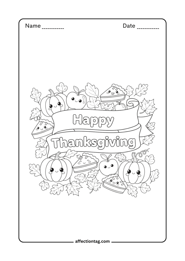 happy thanksgiving banner with pumpkins and pie coloring page 1