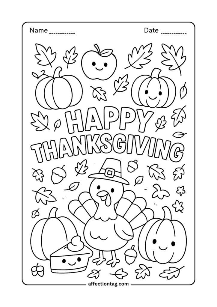 Cute Thanksgiving turkey with pumpkins – simple holiday coloring page for kids
