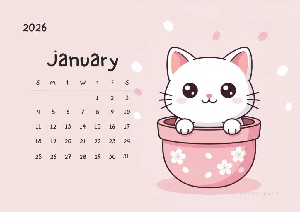 Free Printable 2026 Cat Calendar – Cute Kawaii Cats in Flower Pots 2 White kitten inside a pink sakura-patterned pot with falling cherry blossom petals, January 2026 calendar page.